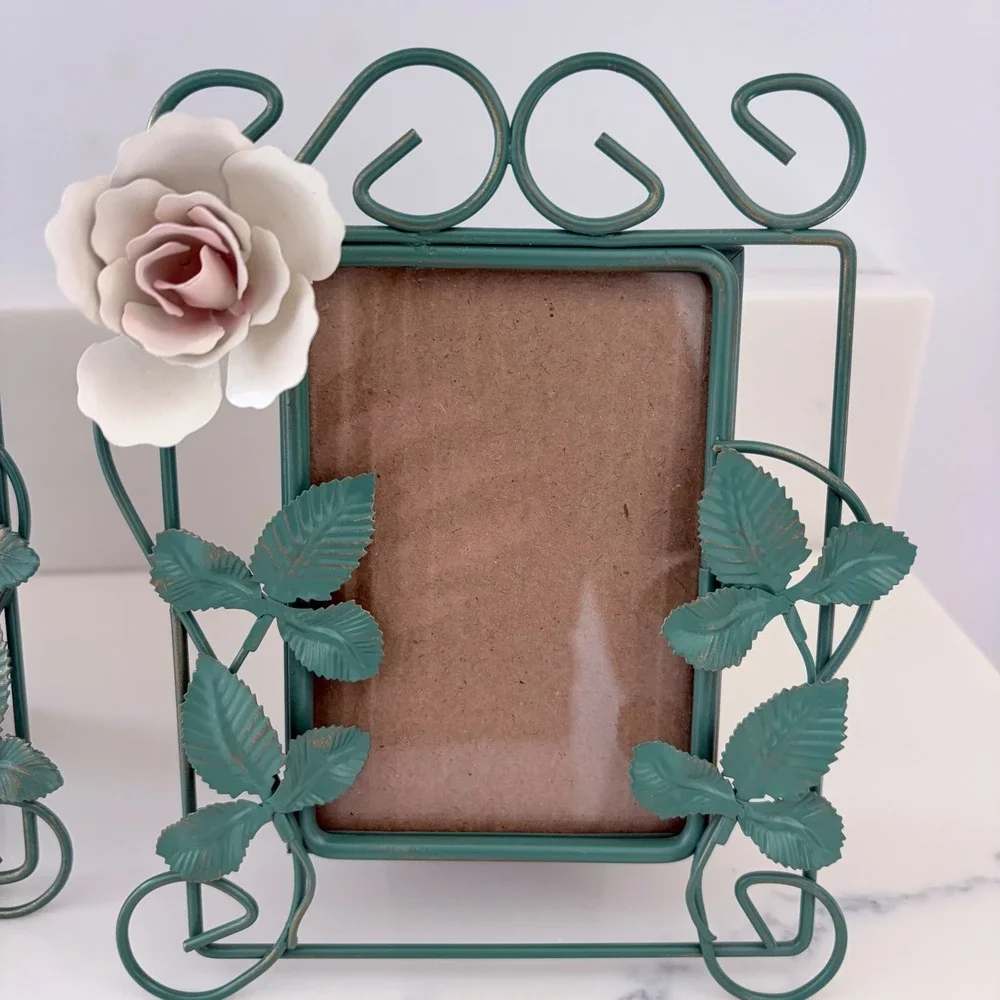 Vintage 1997 Dennis East Metal Rose Picture Frames Set of 3 Teal Cottagecore 3x5